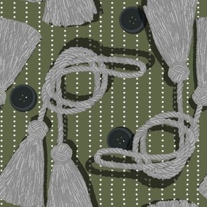 Tassels and Buttons on Stripes - Green, Charcoal, Gray