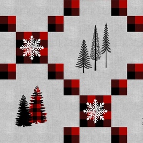Buffalo plaid and linen winter quilt top or blanket - pines tres and snowflakes