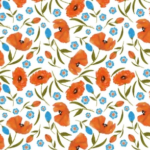 Orange Poppies and blue watercolour flowers