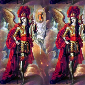 4 knight St Saint Michael Archangel full armor baroque Victorian rococo handsome young man youth cape flag heaven clouds wings bible heaven shooting stars red blue grey orange Christian art  vintage biblical art battles warrior soldier gladiator helmet fe