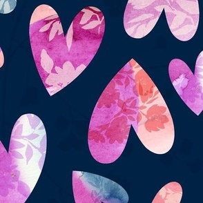 ( large ) Blue, Floral, love, hearts, watercolor