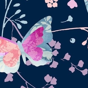( Large ) Blue, Butterfly, floral, watercolor