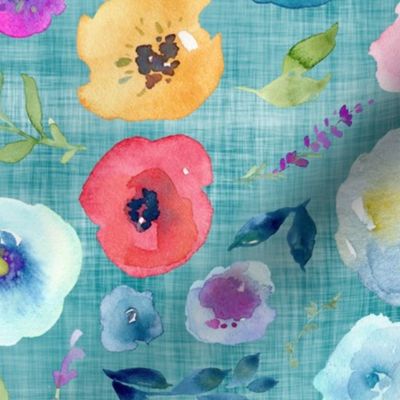 bright spring floral teal linen