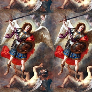 2 St Saint Michael Archangel vs fights Satan devil lucifer cherubs roman Greek gladiator armor baroque Victorian rococo handsome young man youth heaven clouds wings sword shield halo teenager Book of Revelation war red blue grey bible heaven Christian art