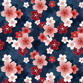 Sakura blossom in red and white with navy blue background large