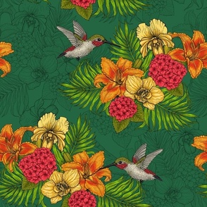 Tropical bouquet and hummingbirds on emerald green
