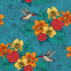 Tropical bouquet and hummongbirds on blue