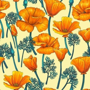 California poppies, blue leaves on light yellow