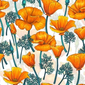California poppies, blue leaves on white