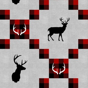 Deer bufflo plaid irish chain quilt top or blanket in red black natural linen