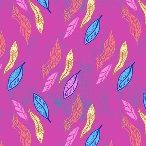 Hand drawn feathers on shocking pink faux linen 6” repeat