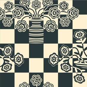 Op-ulence Retro Floral Checkerboard Op Art Mid-Century Modern Trompe l'Oeil Geometric in Black and Warm White - LARGE Scale - UnBlink Studio by Jackie Tahara