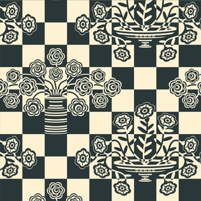 Op-ulence Retro Floral Checkerboard Op Art Mid-Century Modern Trompe l'Oeil Geometric in Black and Warm White - MEDIUM Scale - UnBlink Studio by Jackie Tahara