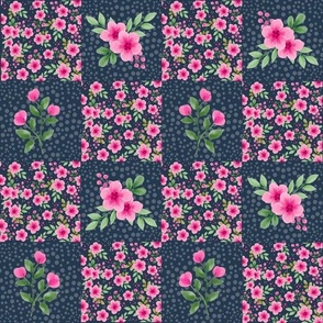 Smaller Scale Patchwork 3" Square Cheater Quilt or Blanket Pink Watercolor Flowers on Navy