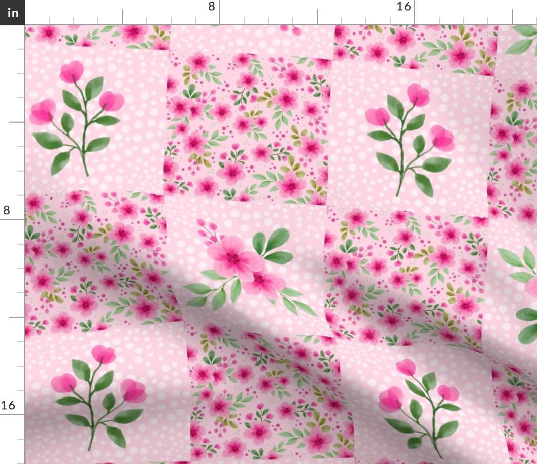 Bigger Scale Patchwork 6" Square Cheater Quilt or Blanket Pink Watercolor Flowers 