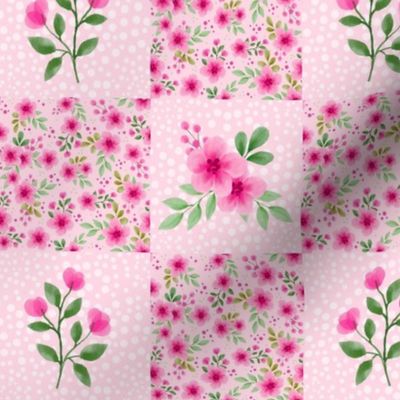 Smaller Scale Patchwork 3" Square Cheater Quilt or Blanket Pink Watercolor Flowers 