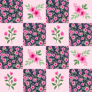 Bigger Scale Patchwork 6" Square Cheater Quilt or Blanket Pink and Navy Watercolor Flowers 