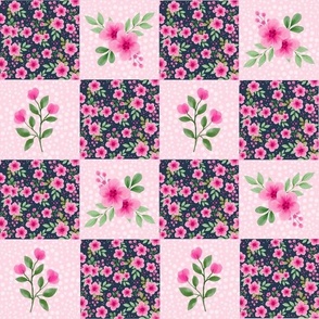 Smaller Scale Patchwork 3" Square Cheater Quilt or Blanket Pink and Navy Watercolor Flowers 