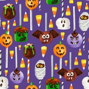 Large Scale Halloween Cake Pop Trick or Treats Candy Corn Pumpkins Bats Mummies Monsters on Grape Purple