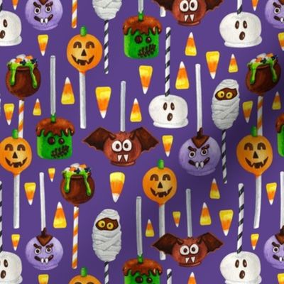 Medium Scale Halloween Cake Pop Trick or Treats Candy Corn Pumpkins Bats Mummies Monsters on Grape Purple