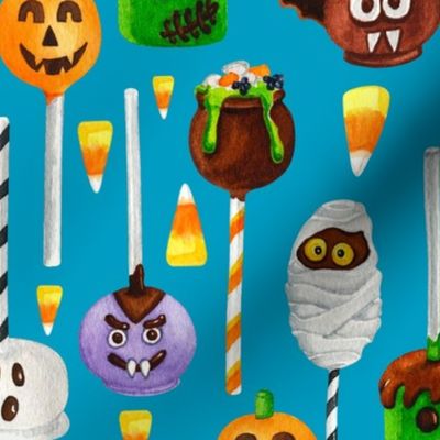 Large Scale Halloween Cake Pop Trick or Treats Candy Corn Pumpkins Bats Mummies Monsters on Caribbean Blue