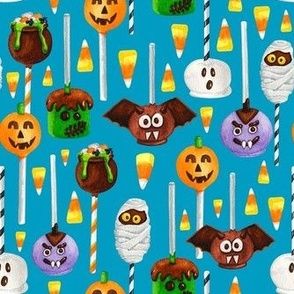 Medium Scale Halloween Cake Pop Trick or Treats Candy Corn Pumpkins Bats Mummies Monsters on Caribbean Blue
