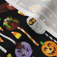 Medium Scale Halloween Cake Pop Trick or Treats Candy Corn Pumpkins Bats Mummies Monsters on Black