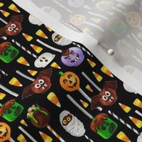 Small Scale Halloween Cake Pop Trick or Treats Candy Corn Pumpkins Bats Mummies Monsters on Black