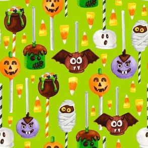 Large Scale Halloween Cake Pop Trick or Treats Candy Corn Pumpkins Bats Mummies Monsters on Lime Green
