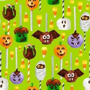 Medium Scale Halloween Cake Pop Trick or Treats Candy Corn Pumpkins Bats Mummies Monsters on Lime Green