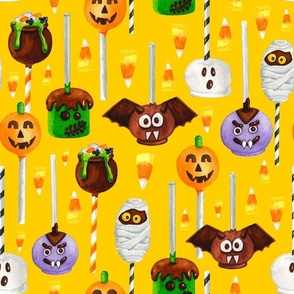 Large Scale Halloween Cake Pop Trick or Treats Candy Corn Pumpkins Bats Mummies Monsters on Golden Yellow