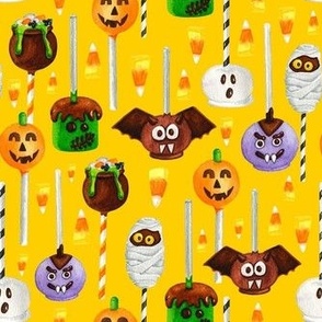 Medium Scale Halloween Cake Pop Trick or Treats Candy Corn Pumpkins Bats Mummies Monsters on Golden Yellow