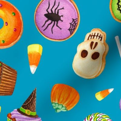 Large Scale Halloween Trick or Treats Cookies Cake Pops Candy Corn Pumpkins Bats Mummies Monsters Cupcakes on Caribbean Blue