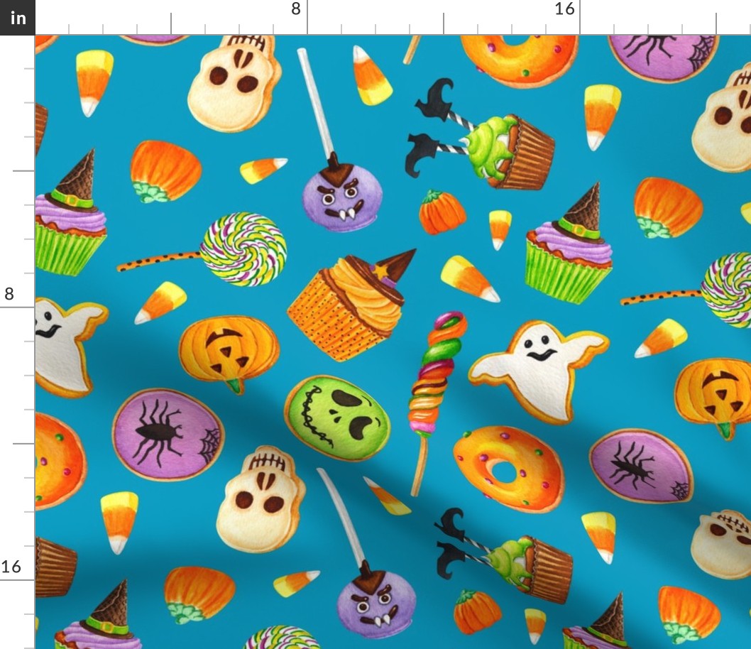 Large Scale Halloween Trick or Treats Cookies Cake Pops Candy Corn Pumpkins Bats Mummies Monsters Cupcakes on Caribbean Blue