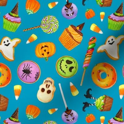 Medium Scale Halloween Trick or Treats Cookies Cake Pops Candy Corn Pumpkins Bats Mummies Monsters Cupcakes on Caribbean Blue