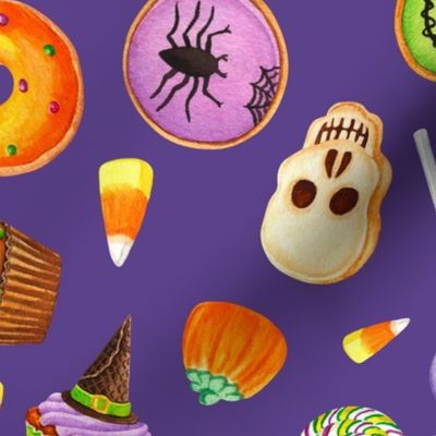 Large Scale Halloween Trick or Treats Cookies Cake Pops Candy Corn Pumpkins Bats Mummies Monsters Cupcakes on Grape Purple