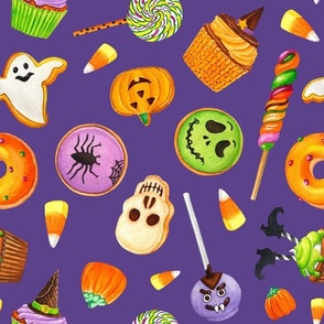 Large Scale Halloween Trick or Treats Cookies Cake Pops Candy Corn Pumpkins Bats Mummies Monsters Cupcakes on Grape Purple