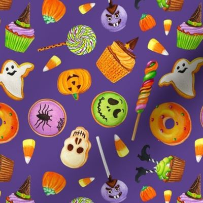 Medium Scale Halloween Trick or Treats Cookies Cake Pops Candy Corn Pumpkins Bats Mummies Monsters Cupcakes on Grape Purple