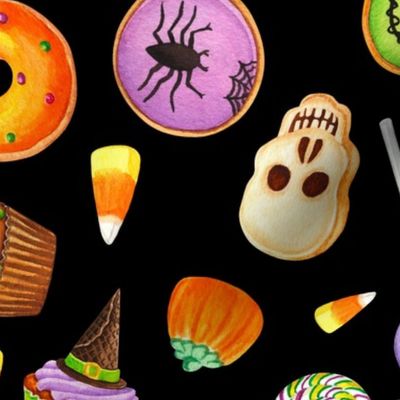 Large Scale Halloween Trick or Treats Cookies Cake Pops Candy Corn Pumpkins Bats Mummies Monsters Cupcakes on Black