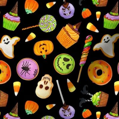 Medium Scale Halloween Trick or Treats Cookies Cake Pops Candy Corn Pumpkins Bats Mummies Monsters Cupcakes on Black