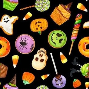 Medium Scale Halloween Trick or Treats Cookies Cake Pops Candy Corn Pumpkins Bats Mummies Monsters Cupcakes on Black