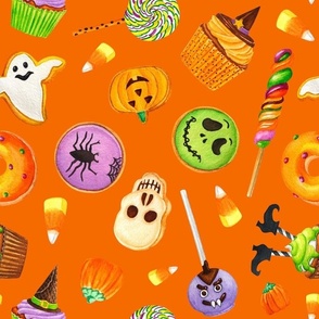 Large Scale Halloween Trick or Treats Cookies Cake Pops Candy Corn Pumpkins Bats Mummies Monsters Cupcakes on Pumpkin Orange