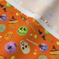 Small Scale Halloween Trick or Treats Cookies Cake Pops Candy Corn Pumpkins Bats Mummies Monsters Cupcakes on Pumpkin Orange