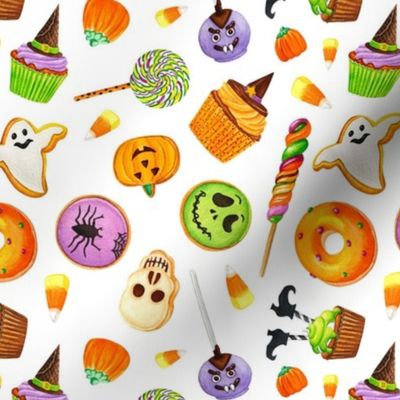 Medium Scale Halloween Trick or Treats Cookies Cake Pops Candy Corn Pumpkins Bats Mummies Monsters Cupcakes on White