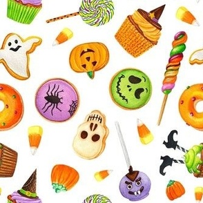 Medium Scale Halloween Trick or Treats Cookies Cake Pops Candy Corn Pumpkins Bats Mummies Monsters Cupcakes on White