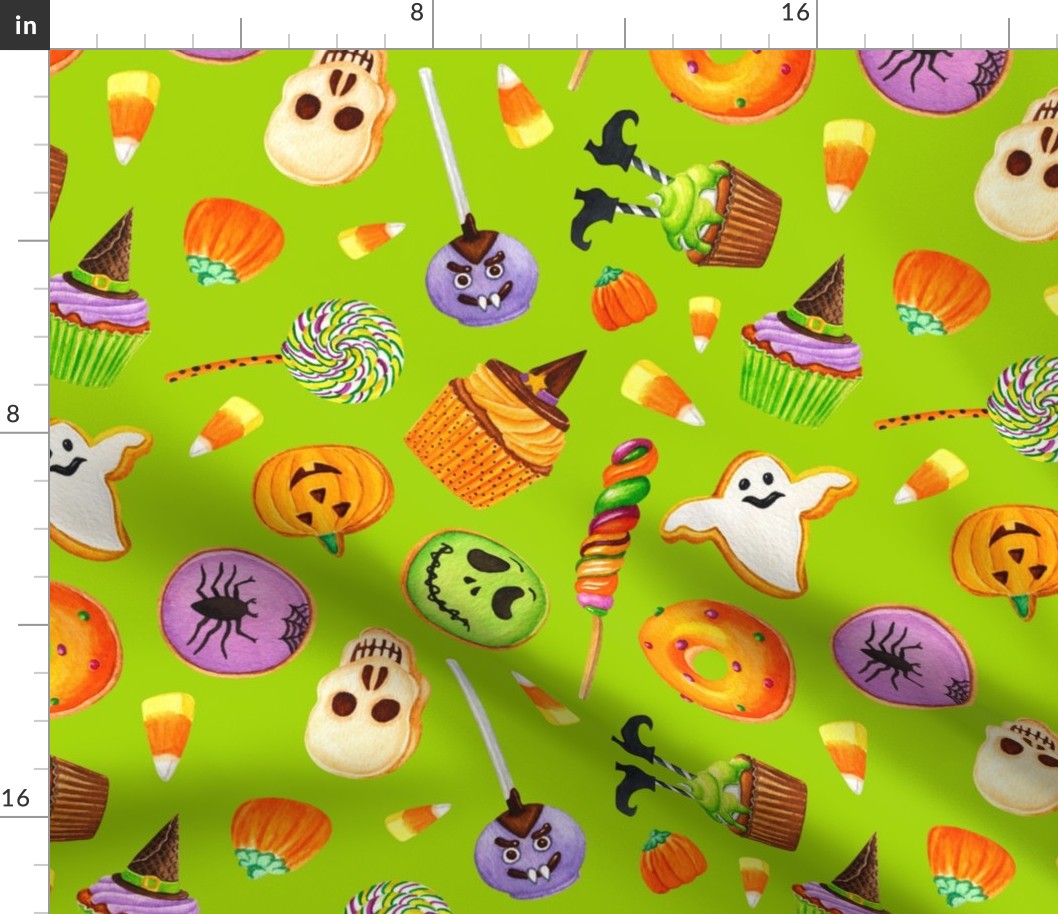 Large Scale Halloween Trick or Treats Cookies Cake Pops Candy Corn Pumpkins Bats Mummies Monsters Cupcakes on Lime Green