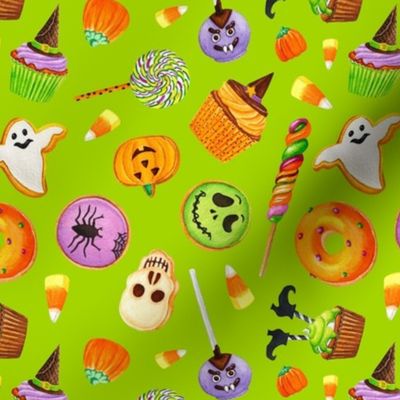 Medium Scale Halloween Trick or Treats Cookies Cake Pops Candy Corn Pumpkins Bats Mummies Monsters Cupcakes on Lime Green