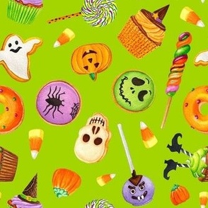 Medium Scale Halloween Trick or Treats Cookies Cake Pops Candy Corn Pumpkins Bats Mummies Monsters Cupcakes on Lime Green