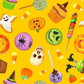 Large Scale Halloween Trick or Treats Cookies Cake Pops Candy Corn Pumpkins Bats Mummies Monsters Cupcakes on Golden Yellow