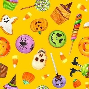 Medium Scale Halloween Trick or Treats Cookies Cake Pops Candy Corn Pumpkins Bats Mummies Monsters Cupcakes on Golden Yellow